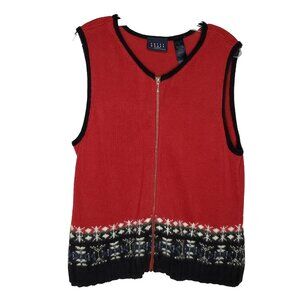 Womens Zip Up Sweater Vest L Red Black Fair Isle Nordic Sequin Angora Accent